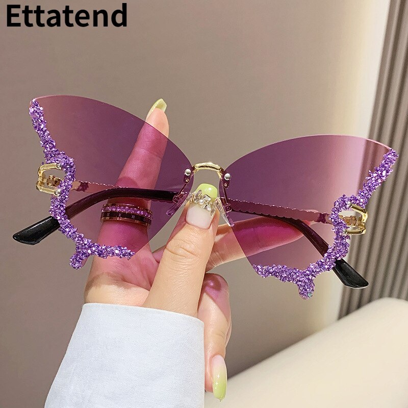 Bling Diamond Fashion Butterfly Sunglasses for Women Overszied Luxury Brand Rimless Sun Glasses Ladies Y2k Eyewear Gafas De Sol