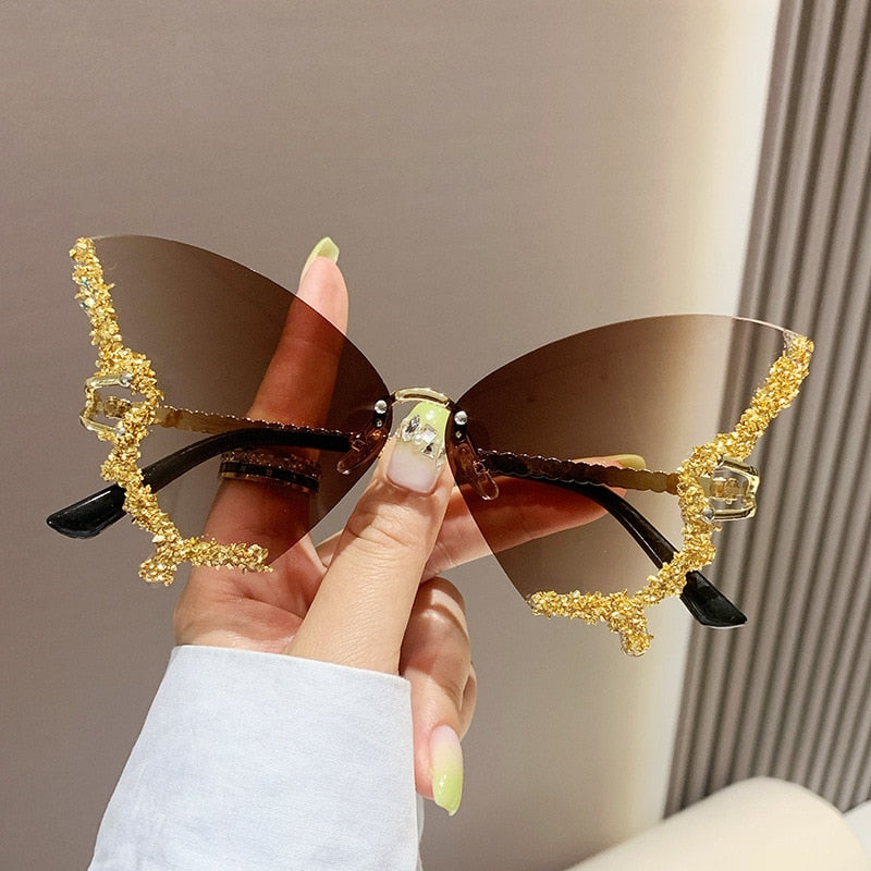Bling Diamond Fashion Butterfly Sunglasses for Women Overszied Luxury Brand Rimless Sun Glasses Ladies Y2k Eyewear Gafas De Sol