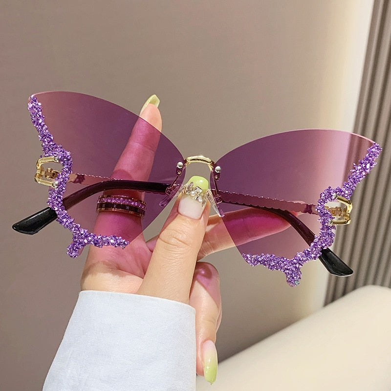 Bling Diamond Fashion Butterfly Sunglasses for Women Overszied Luxury Brand Rimless Sun Glasses Ladies Y2k Eyewear Gafas De Sol