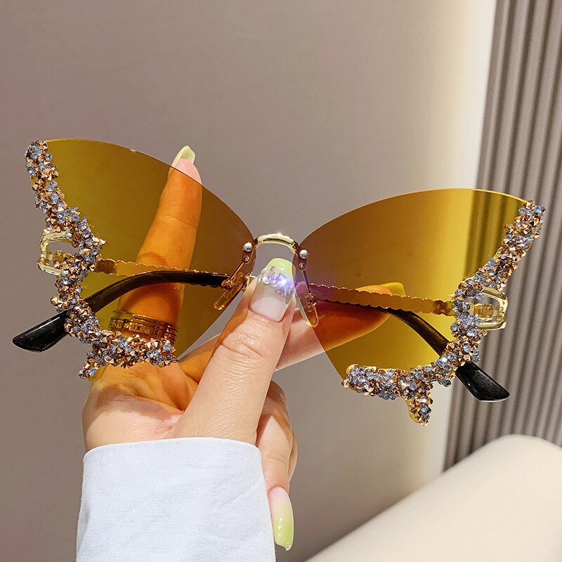 Bling Diamond Fashion Butterfly Sunglasses for Women Overszied Luxury Brand Rimless Sun Glasses Ladies Y2k Eyewear Gafas De Sol
