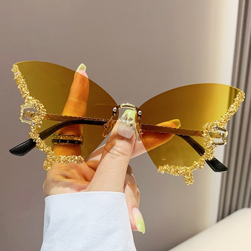 Bling Diamond Fashion Butterfly Sunglasses for Women Overszied Luxury Brand Rimless Sun Glasses Ladies Y2k Eyewear Gafas De Sol