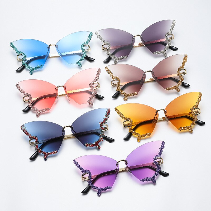 Bling Diamond Fashion Butterfly Sunglasses for Women Overszied Luxury Brand Rimless Sun Glasses Ladies Y2k Eyewear Gafas De Sol