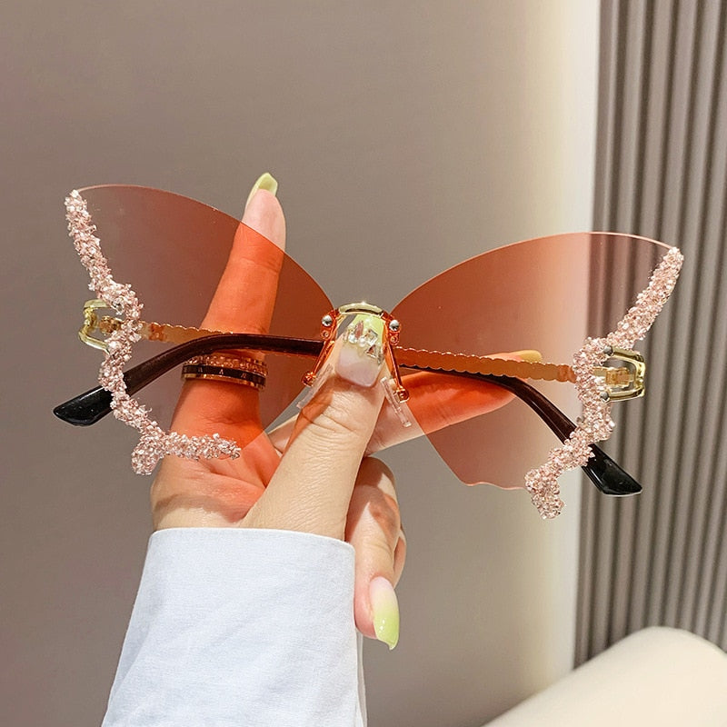 Bling Diamond Fashion Butterfly Sunglasses for Women Overszied Luxury Brand Rimless Sun Glasses Ladies Y2k Eyewear Gafas De Sol