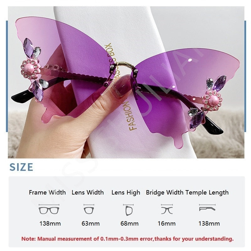 Luxury Designer Frameless Crystal Butterfly Sunglasses Vintage Brand Shades for Women Rimless Sun Glasses Bling Diamond Eyewear