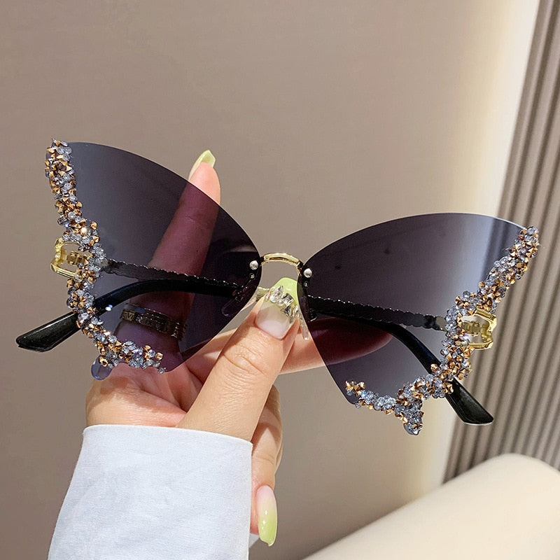 Bling Diamond Fashion Butterfly Sunglasses for Women Overszied Luxury Brand Rimless Sun Glasses Ladies Y2k Eyewear Gafas De Sol