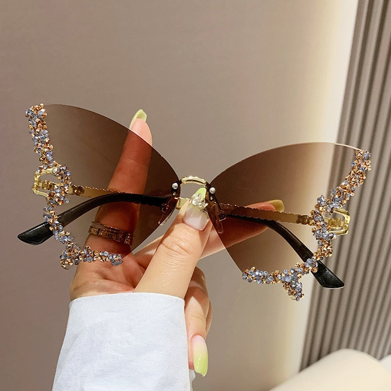 Bling Diamond Fashion Butterfly Sunglasses for Women Overszied Luxury Brand Rimless Sun Glasses Ladies Y2k Eyewear Gafas De Sol