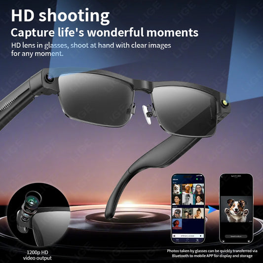 LIGE Smart Glasses | Camera, Bluetooth Call, AI Translation & UV Protection