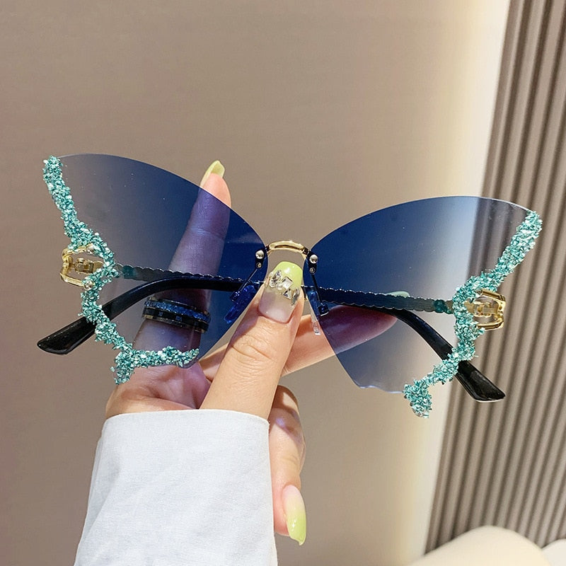 Bling Diamond Fashion Butterfly Sunglasses for Women Overszied Luxury Brand Rimless Sun Glasses Ladies Y2k Eyewear Gafas De Sol