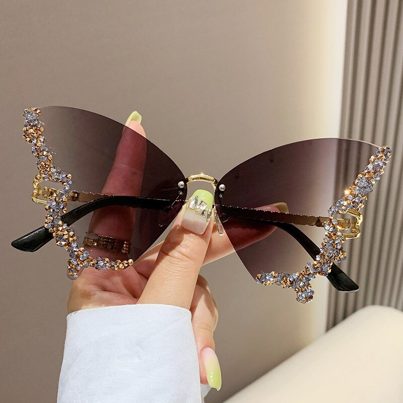 Bling Diamond Fashion Butterfly Sunglasses for Women Overszied Luxury Brand Rimless Sun Glasses Ladies Y2k Eyewear Gafas De Sol