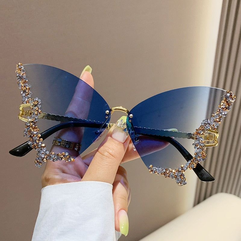 Bling Diamond Fashion Butterfly Sunglasses for Women Overszied Luxury Brand Rimless Sun Glasses Ladies Y2k Eyewear Gafas De Sol