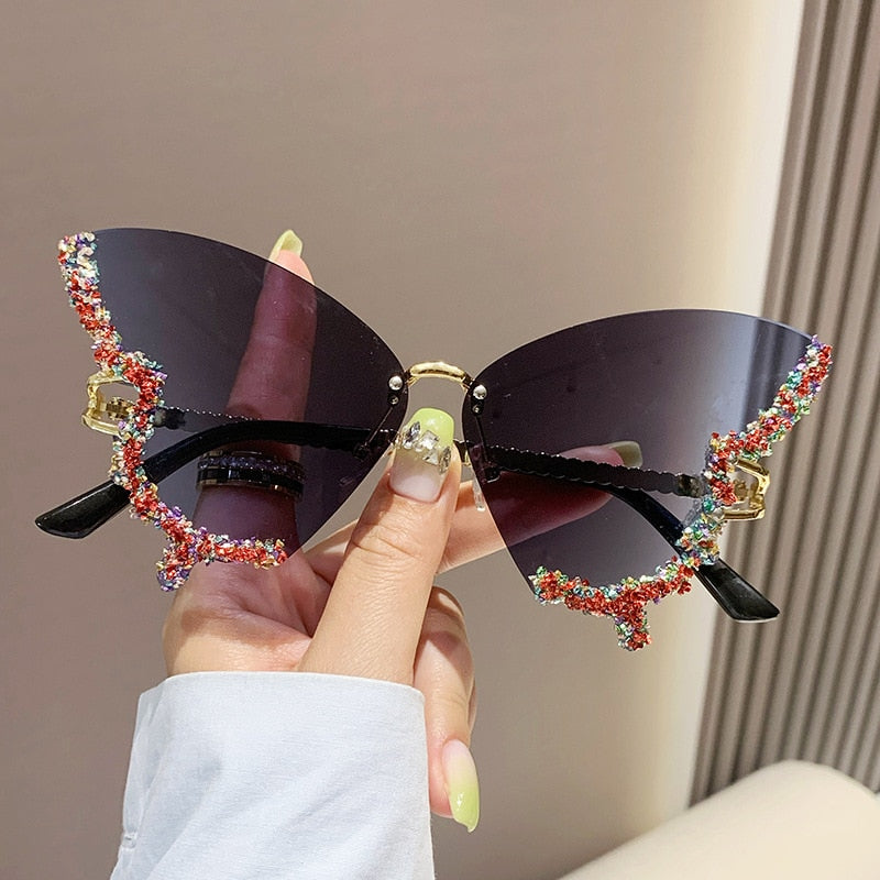 Bling Diamond Fashion Butterfly Sunglasses for Women Overszied Luxury Brand Rimless Sun Glasses Ladies Y2k Eyewear Gafas De Sol