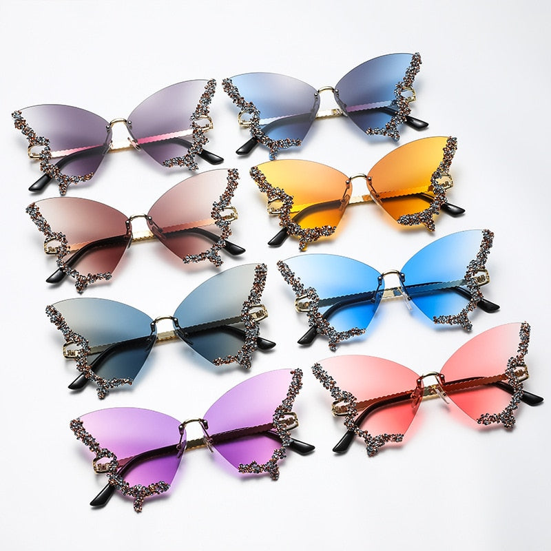 Bling Diamond Fashion Butterfly Sunglasses for Women Overszied Luxury Brand Rimless Sun Glasses Ladies Y2k Eyewear Gafas De Sol