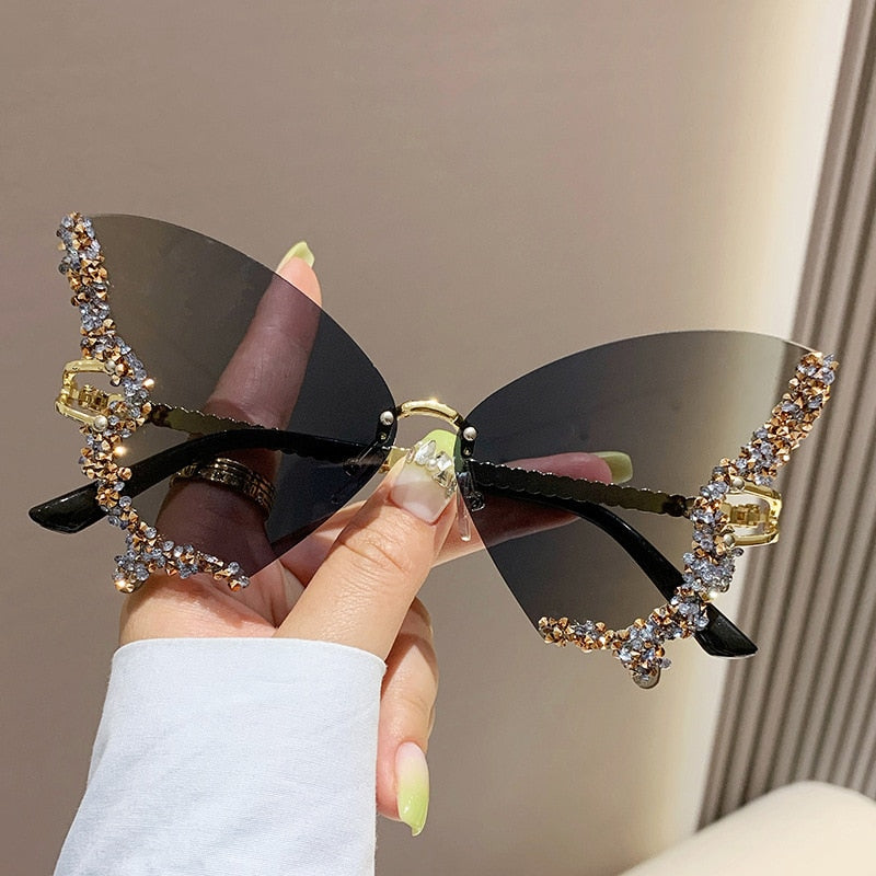 Bling Diamond Fashion Butterfly Sunglasses for Women Overszied Luxury Brand Rimless Sun Glasses Ladies Y2k Eyewear Gafas De Sol