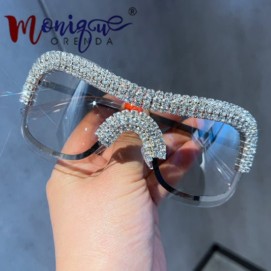 Luxury Y2K Oversized Rimless Sunglasses | Women | UV400 Silver Metal Big Rhinestone Shades