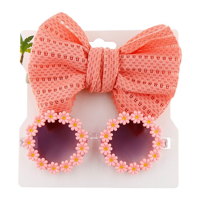 Baby Girls Hair Accessories Fashion Sun Flower Sunglasses Bow Hairband Set Newborn Head Bands Summer Beach Photography Props