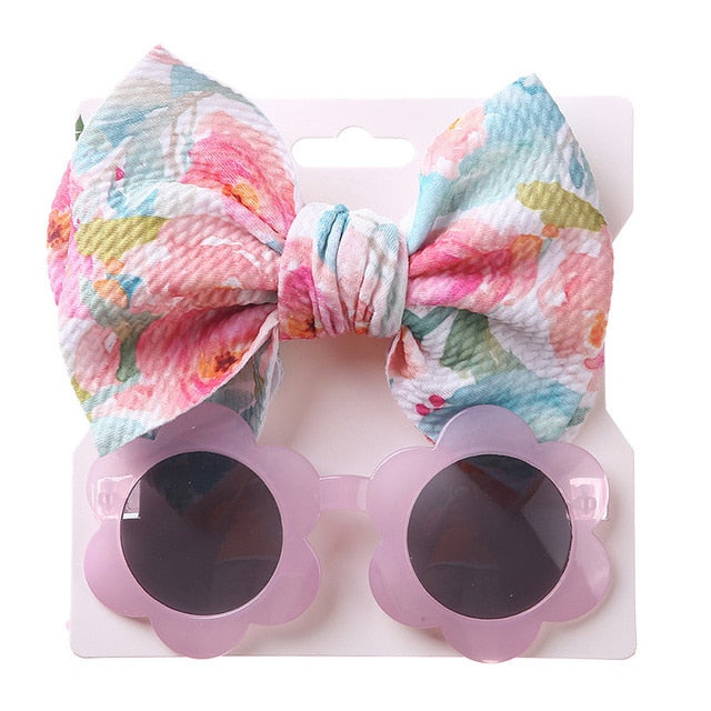 Baby Girls Hair Accessories Fashion Sun Flower Sunglasses Bow Hairband Set Newborn Head Bands Summer Beach Photography Props
