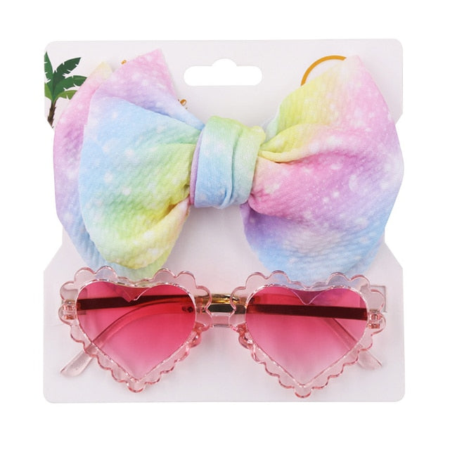 Baby Girls Hair Accessories Fashion Sun Flower Sunglasses Bow Hairband Set Newborn Head Bands Summer Beach Photography Props