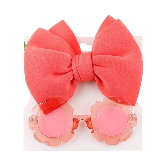 Baby Girls Hair Accessories Fashion Sun Flower Sunglasses Bow Hairband Set Newborn Head Bands Summer Beach Photography Props