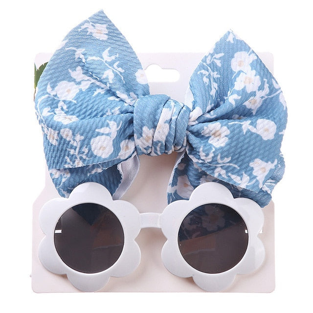 Baby Girls Hair Accessories Fashion Sun Flower Sunglasses Bow Hairband Set Newborn Head Bands Summer Beach Photography Props