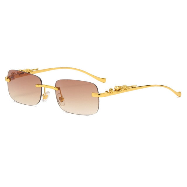 Fashion Vintage Rimless Square Sunglasses Women Men Luxury Brand Designer Popular Travel Driving Metal Leopard Head Sun Glasses