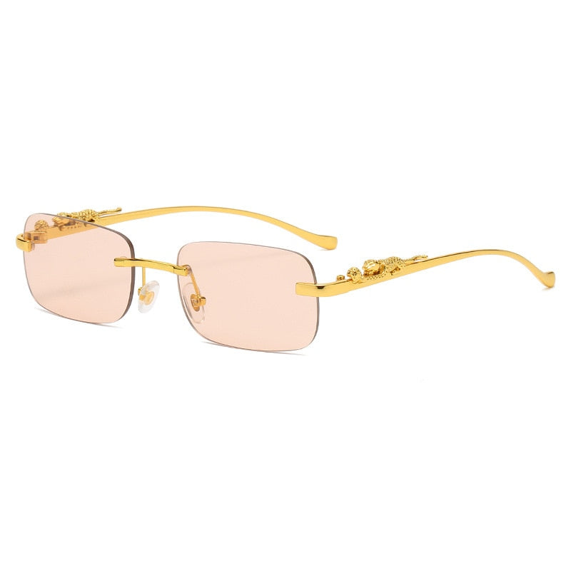 Fashion Vintage Rimless Square Sunglasses Women Men Luxury Brand Designer Popular Travel Driving Metal Leopard Head Sun Glasses