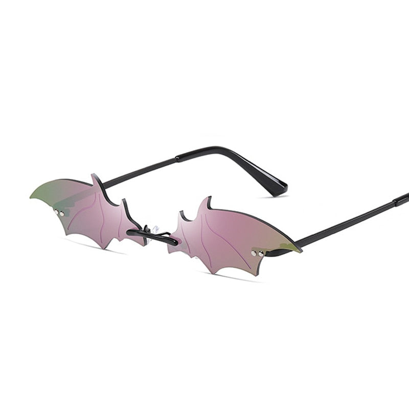 Fashion Rimless Men Sunglasses Women Trendy Bat Shaped Sun Glasses Female Male Vintage Black Mirror Shades Metal Oculos De Sol
