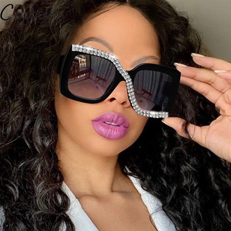 Fashion Square Crystal Diamond Sunglasses for Women 2023 New Luxury Brand Designer Big Frame Unique Gradient Black Sun Glasses