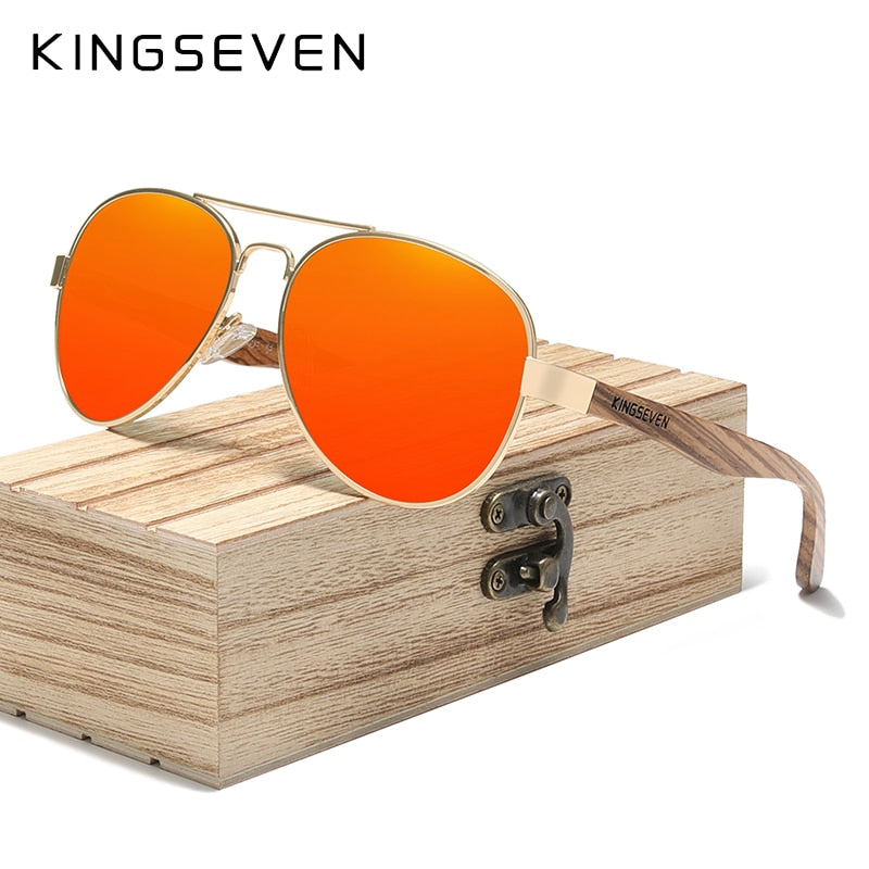 KINGSEVEN High Quality Natural Zebra Wood Temple+Alloy Frame Men Sunglasses Women UV400 Sun Glasses HD Polarized Lens Eyewear