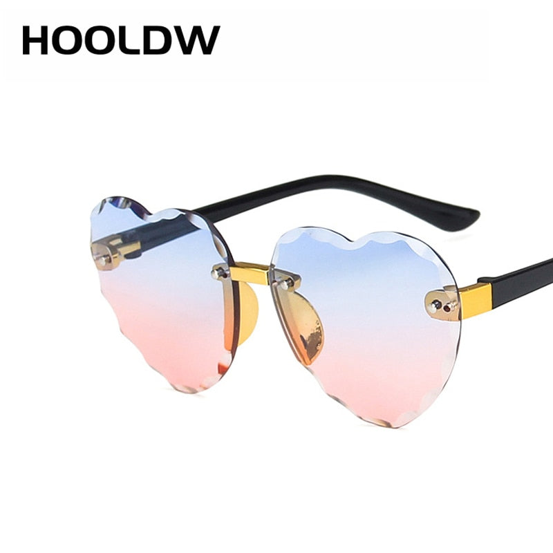 HOOLDW Fashion Heart Rimless Kids Sunglasses Lovely Heart Shape Girls Sun Glasses Children Outdoors Travel UV400 Oculos De Sol