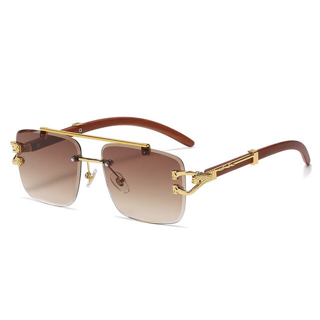 Punk Wood Printing Rimless Square Sunglasses Women Luxury Brand Designer Gold Lion Decoration Smoke Sun Glasses Men