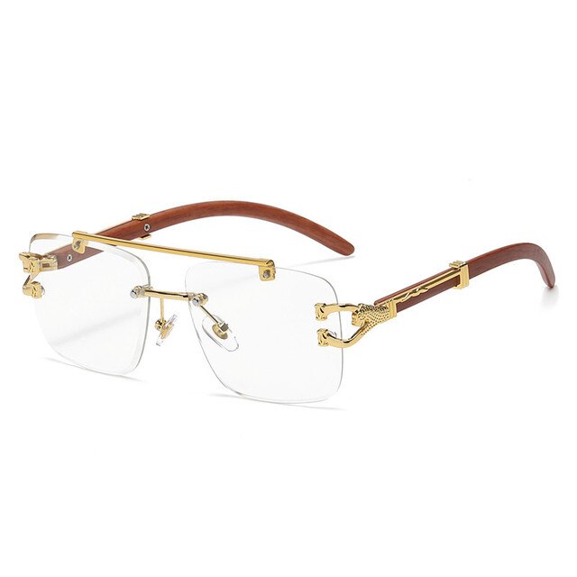 Punk Wood Printing Rimless Square Sunglasses Women Luxury Brand Designer Gold Lion Decoration Smoke Sun Glasses Men
