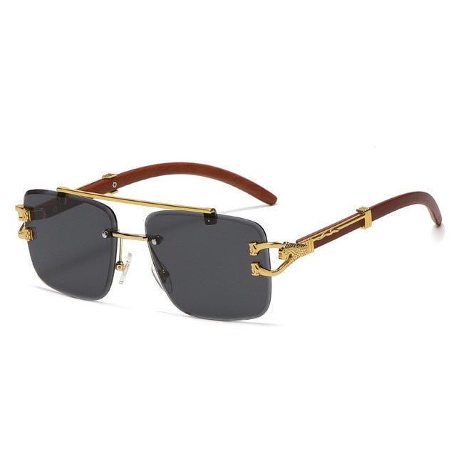 Punk Wood Printing Rimless Square Sunglasses Women Luxury Brand Designer Gold Lion Decoration Smoke Sun Glasses Men