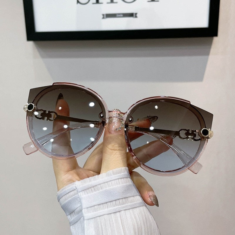 2022 New Vintage Cat Eye Round Sunglasses Women's Korean Version Metal Rimless Gradient Sun Glasses Luxury Shades UV400