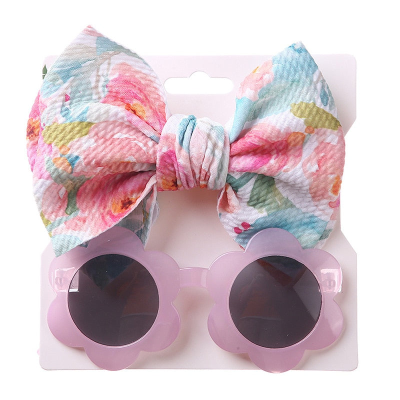 Baby Girls Hair Accessories Fashion Sun Flower Sunglasses Bow Hairband Set Newborn Head Bands Summer Beach Photography Props