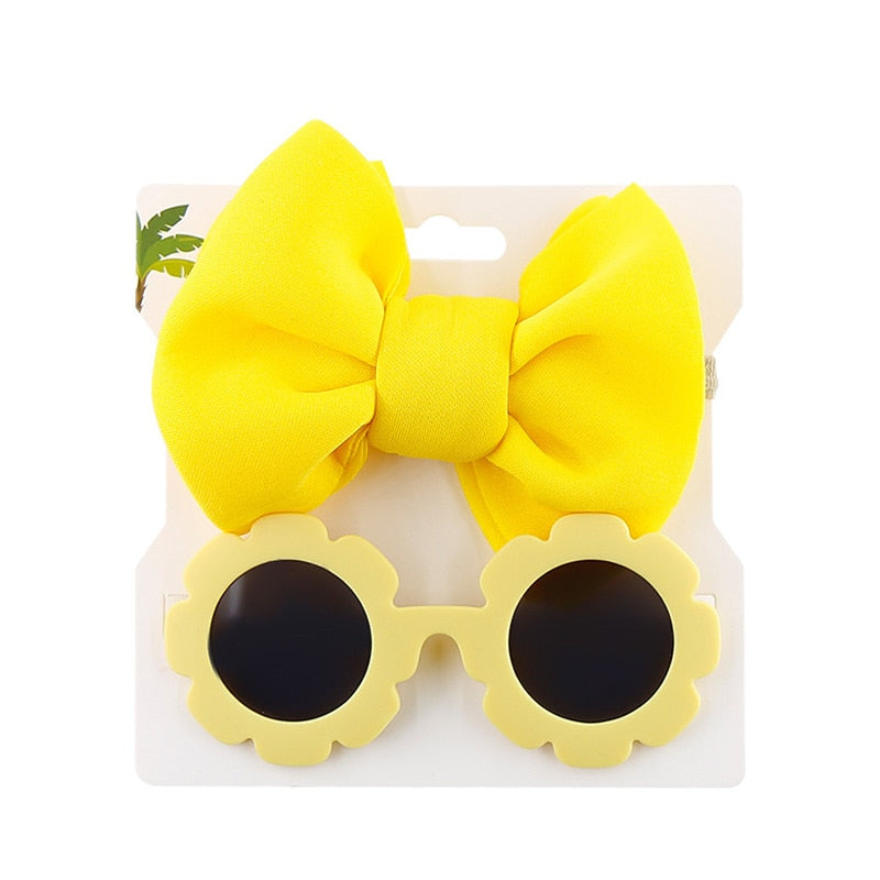 Baby Girls Hair Accessories Fashion Sun Flower Sunglasses Bow Hairband Set Newborn Head Bands Summer Beach Photography Props