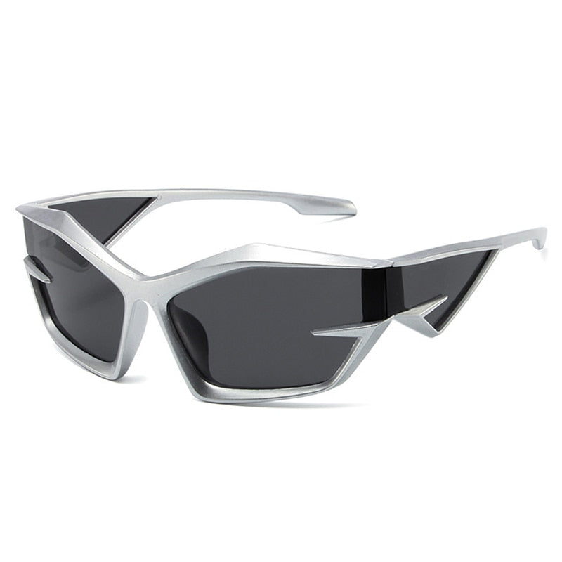 SO&EI Retro Y2K Cat Eye Irregular Women Sunglasses Fashion Brand Designe Silver Mirror Goggles Men Unique Punk Sun Glasses UV400