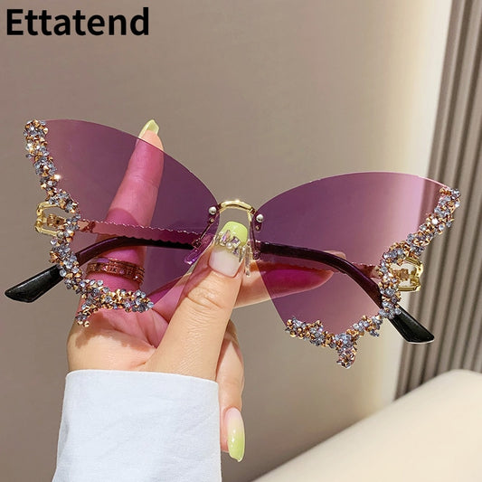 Bling Diamond Fashion Butterfly Sunglasses for Women Overszied Luxury Brand Rimless Sun Glasses Ladies Y2k Eyewear Gafas De Sol