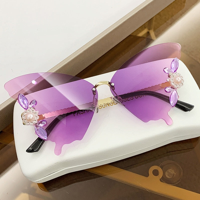 Luxury Designer Butterfly Sunglasses Vintage Brand Shades for Women Fashion Rimless Sun Glasses Bling Diamond Eyewear Uv400