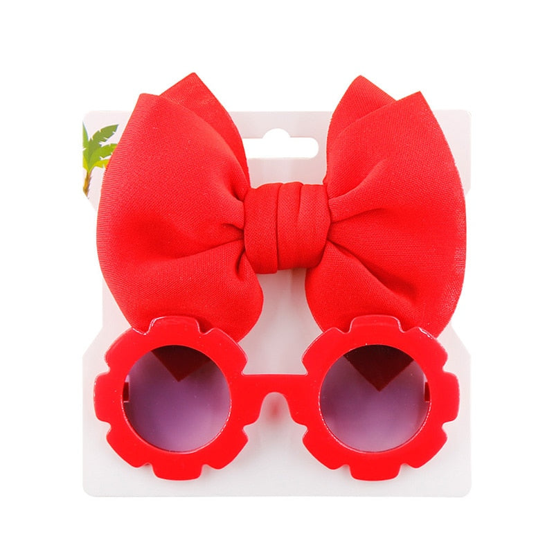 Baby Girls Hair Accessories Fashion Sun Flower Sunglasses Bow Hairband Set Newborn Head Bands Summer Beach Photography Props