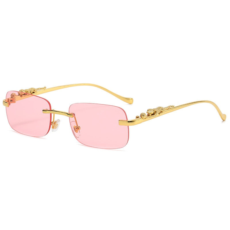 Fashion Vintage Rimless Square Sunglasses Women Men Luxury Brand Designer Popular Travel Driving Metal Leopard Head Sun Glasses