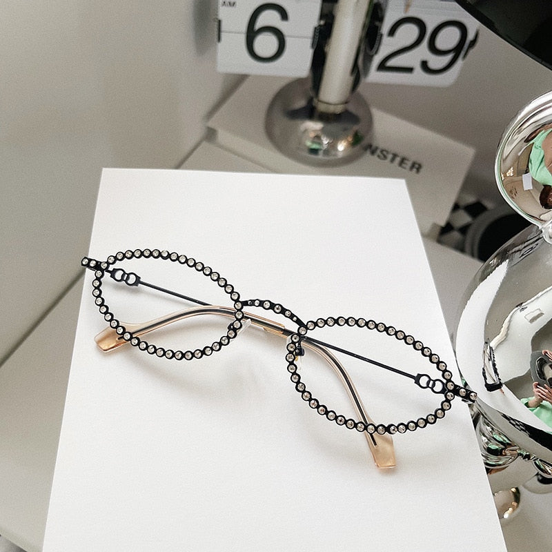 Vintage Full Crystal Anti-blue Light Eyeglasses for Women New Alloy Small Oval Rhinestone Shiny Clear Glasses Frame Sunglasses
