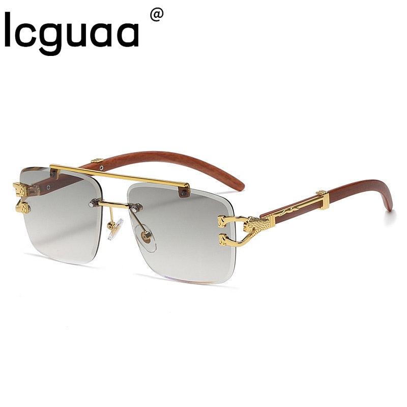 Punk Wood Printing Rimless Square Sunglasses Women Luxury Brand Designer Gold Lion Decoration Smoke Sun Glasses Men