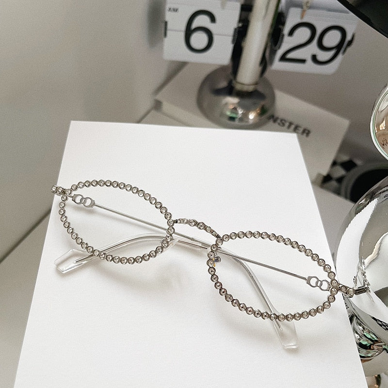 Vintage Full Crystal Anti-blue Light Eyeglasses for Women New Alloy Small Oval Rhinestone Shiny Clear Glasses Frame Sunglasses