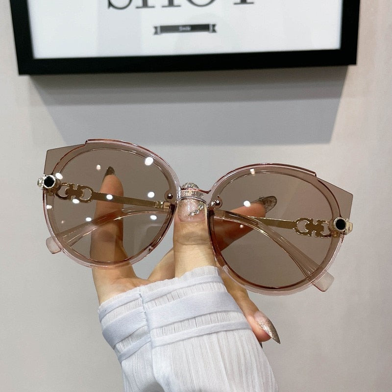 2022 New Vintage Cat Eye Round Sunglasses Women's Korean Version Metal Rimless Gradient Sun Glasses Luxury Shades UV400
