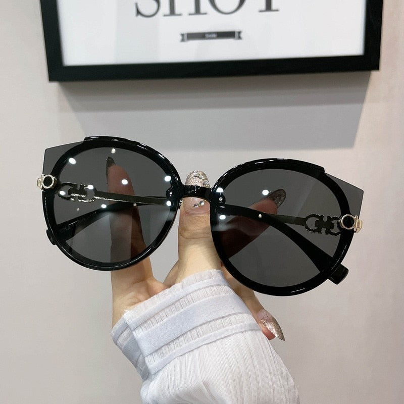 2022 New Vintage Cat Eye Round Sunglasses Women's Korean Version Metal Rimless Gradient Sun Glasses Luxury Shades UV400