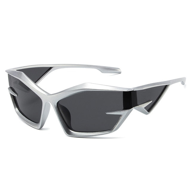 SO&EI Retro Y2K Cat Eye Irregular Women Sunglasses Fashion Brand Designe Silver Mirror Goggles Men Unique Punk Sun Glasses UV400
