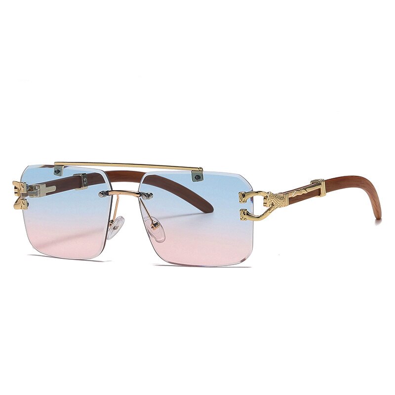 Punk Wood Printing Rimless Square Sunglasses Women Luxury Brand Designer Gold Lion Decoration Smoke Sun Glasses Men