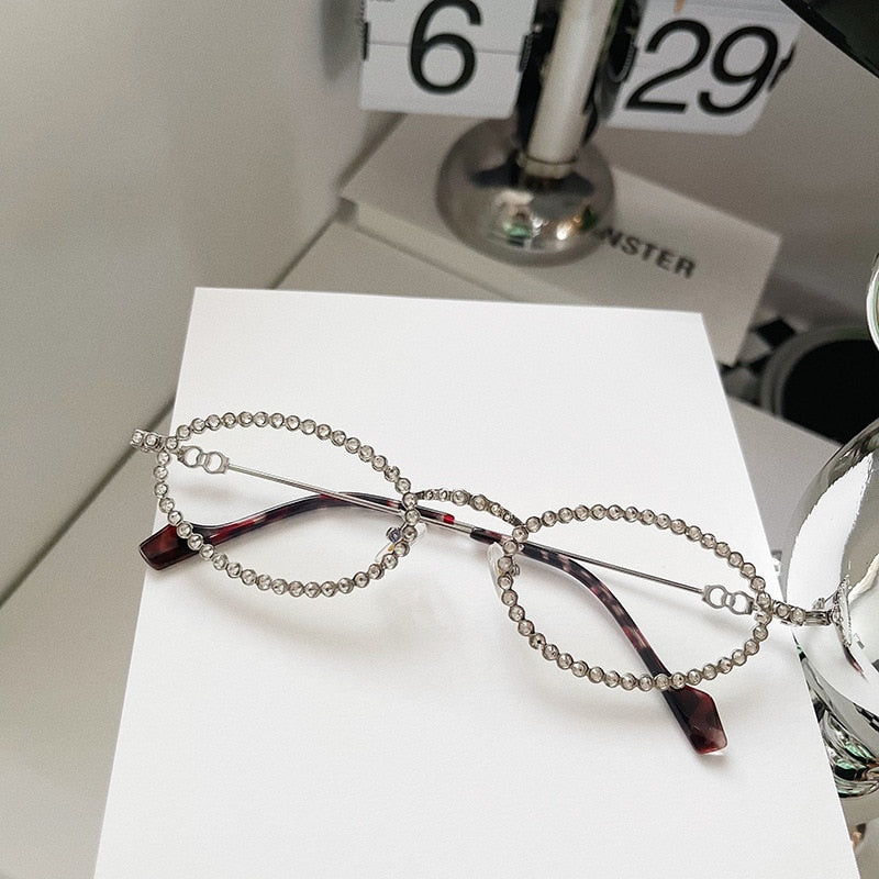 Vintage Full Crystal Anti-blue Light Eyeglasses for Women New Alloy Small Oval Rhinestone Shiny Clear Glasses Frame Sunglasses