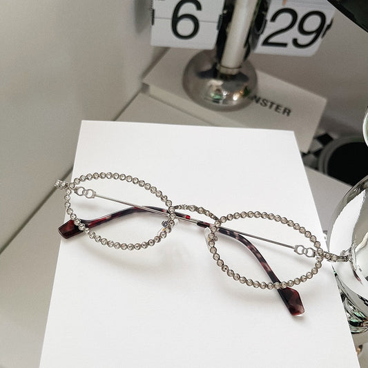 Full Crystal Rhinestone Clear Glasses | Women | Anti-Blue Light Small Oval Alloy Frame