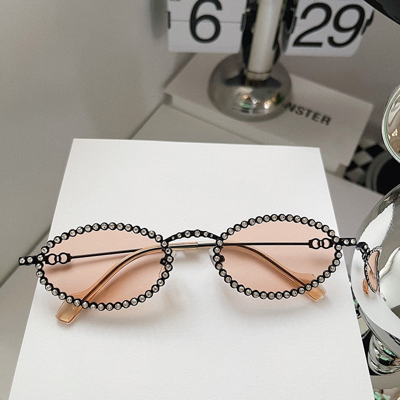 Vintage Full Crystal Anti-blue Light Eyeglasses for Women New Alloy Small Oval Rhinestone Shiny Clear Glasses Frame Sunglasses
